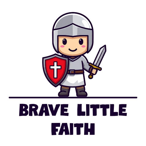 Brave Little Faith Cartoon knight smiling, holding a sword and a shield with a Christian cross on it. Below it, are the words Brave Little Faith.